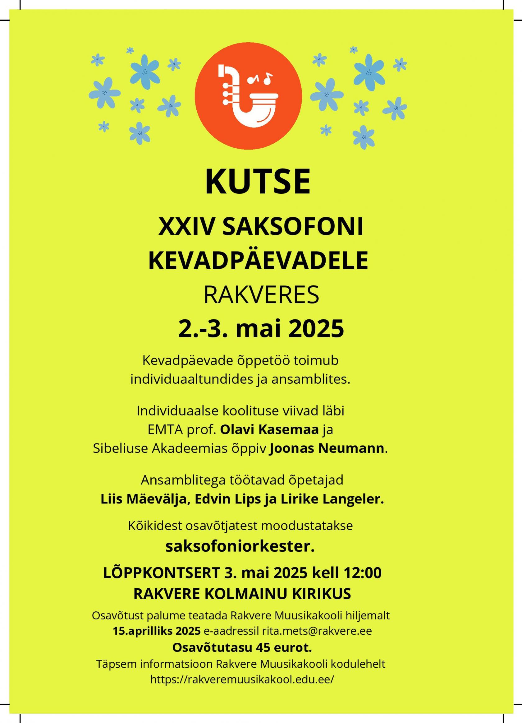 Kutse XXIV Saksofoni Kevadpäevad Rakveres