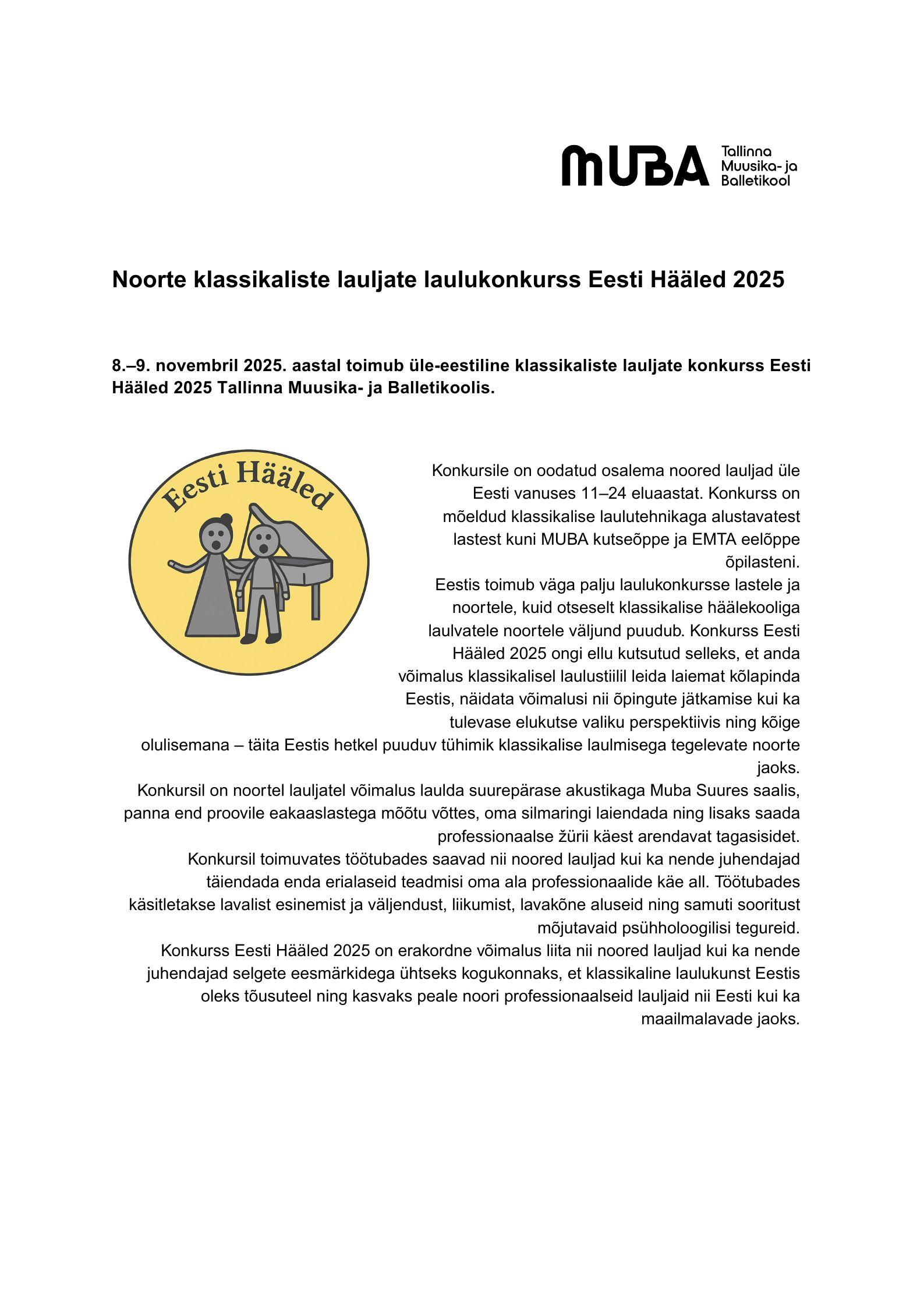 Uus noorte klassikaliste lauljate konkurss Eesti Hääled 2025