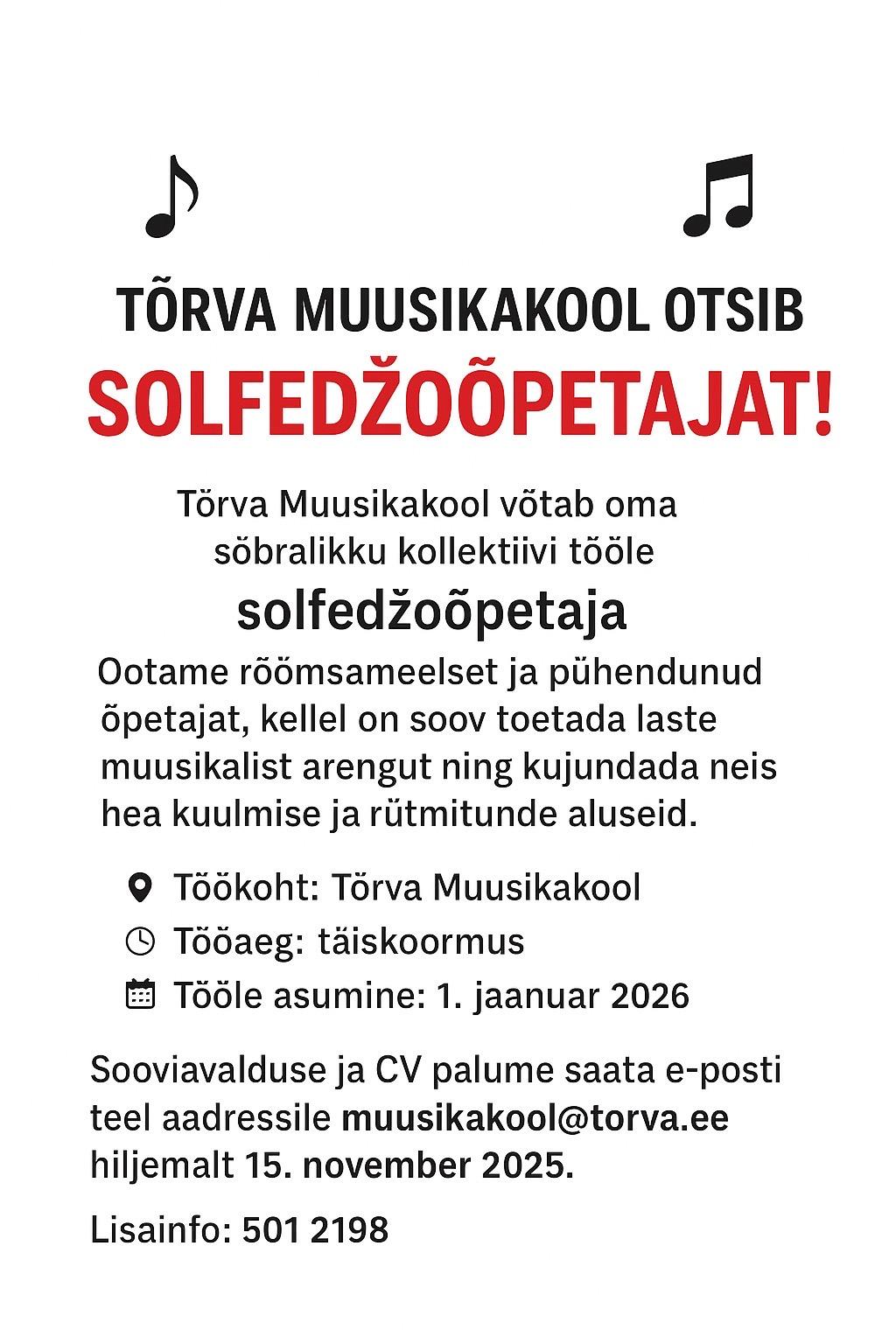 Tõrva Muusikakool otsib solfedžoõpetajat!